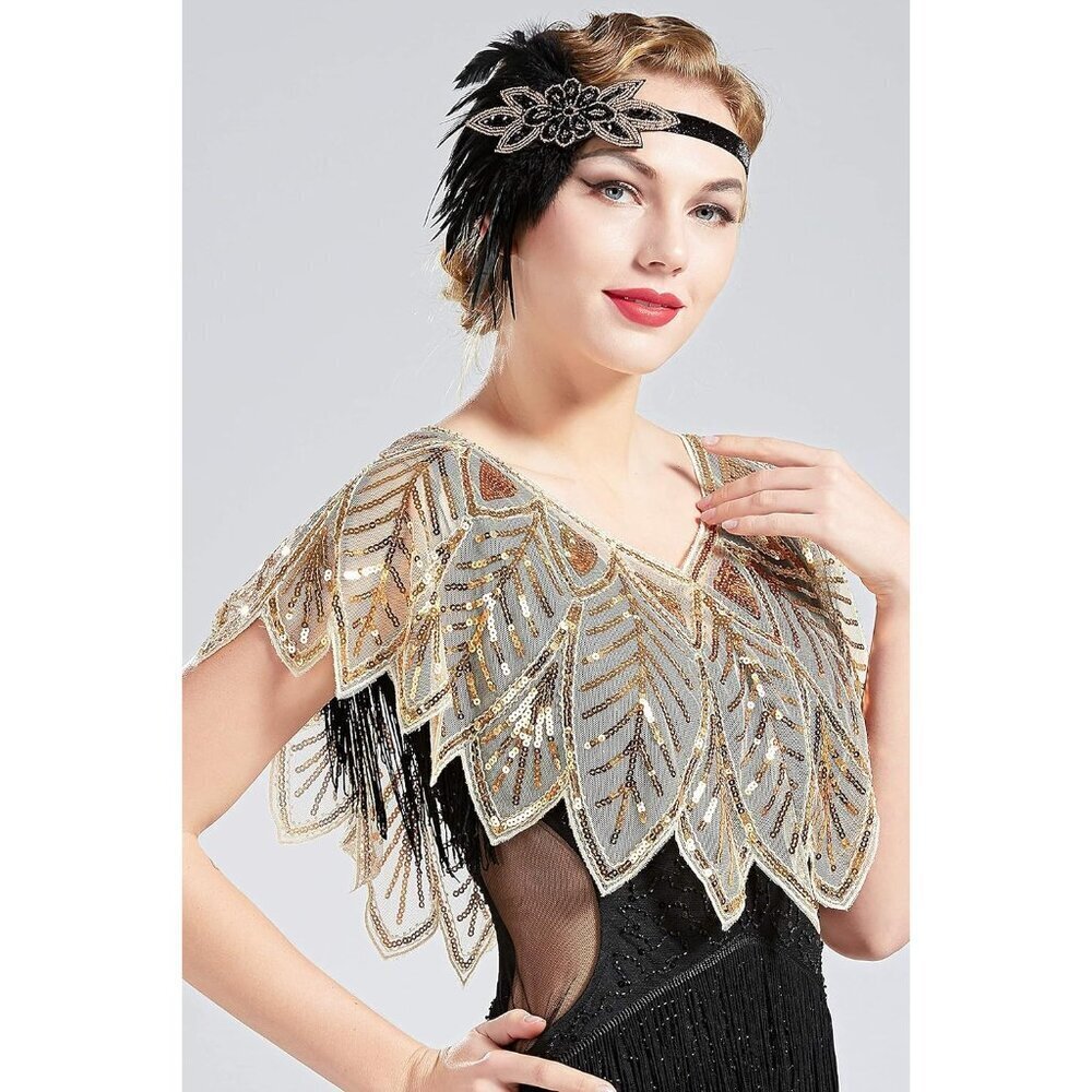 Sequin Beaded Evening Cape Bridal Shawl 1920s Style Flapper Cover Up - Picture 3 of 7